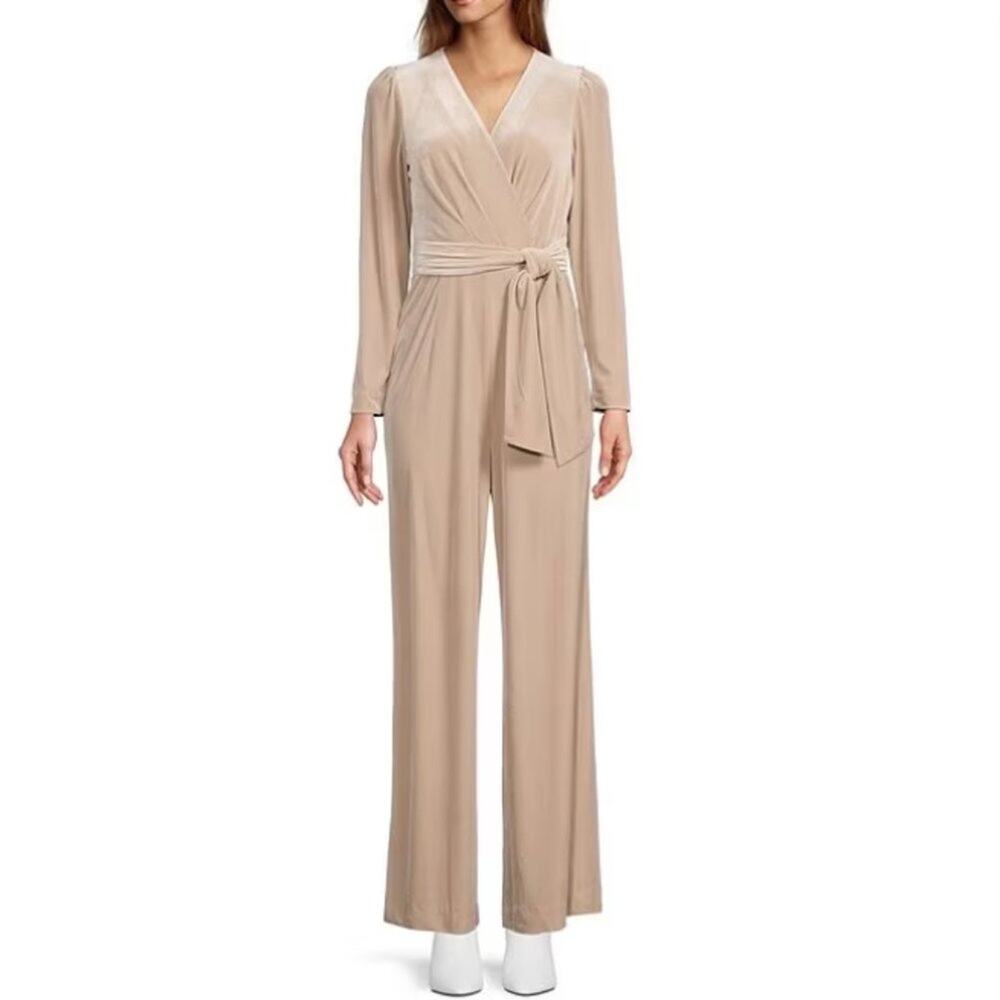 Antonio Melani Jumpsuit Champagne Beige Velvet Long Sleeve V Neck Wrap Tie 0